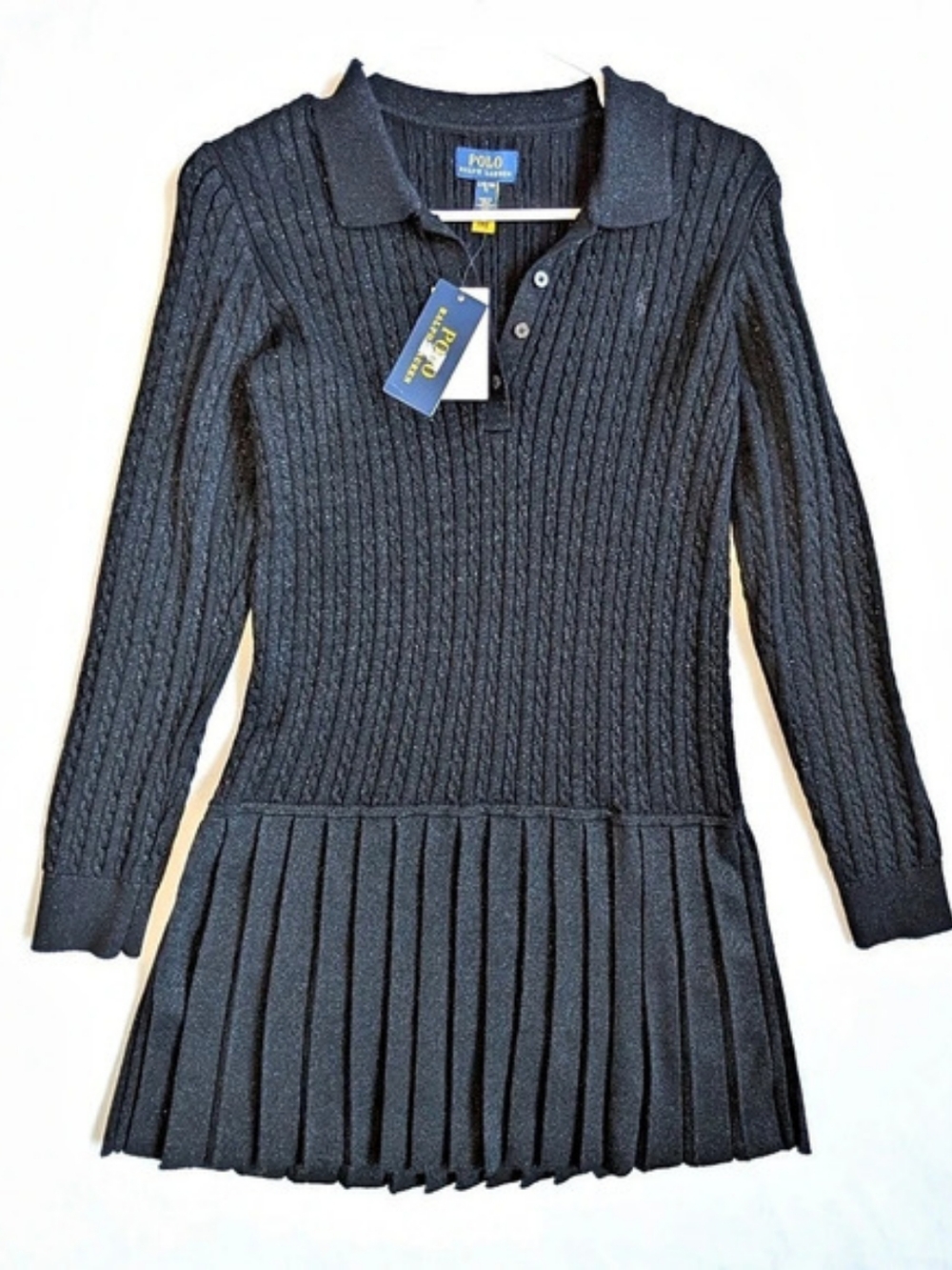 NWT Polo Ralph Lauren Metallic Cable Knit Pleated Dress Black 12-14 / L
